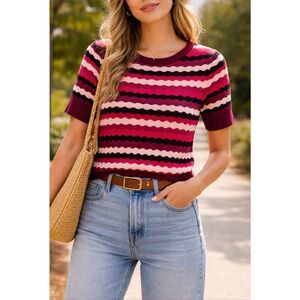 Liz Claiborne Purple Striped Wavy Knit Short Sleeve Sweater Women’s Size Small